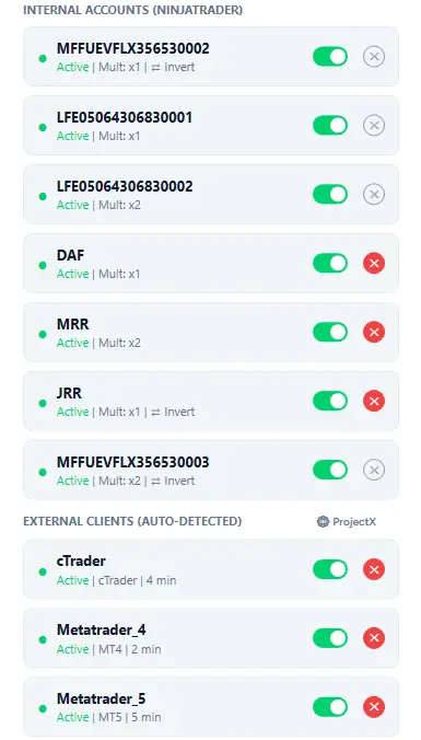 MirrorFlow conectado a NT8, MT4, MT5, cTrader y ProjectX simultáneamente